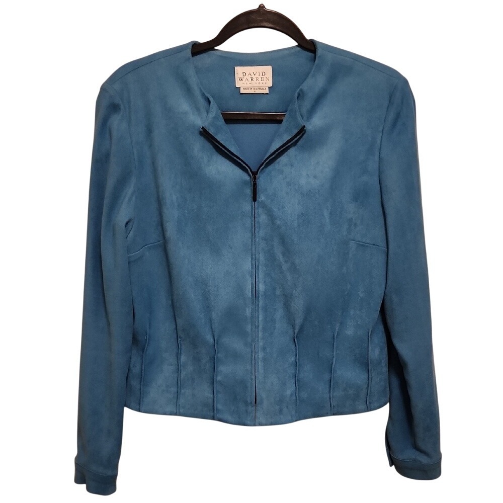 Vintage David Warren Zip Front Faux Suede Jacket 8 Blue Office Chic